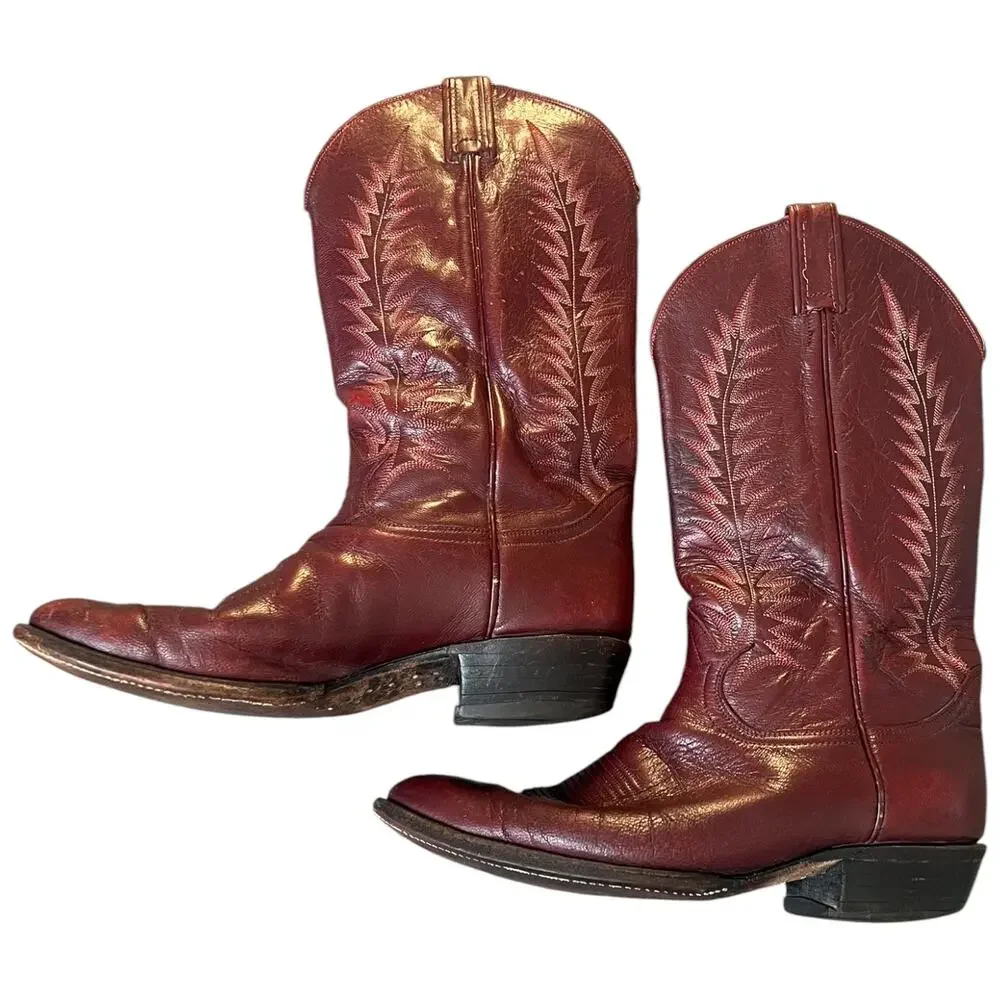 Vintage Tony Lama Burgundy Leather Cowboy Boots Western Pull On USA Men’s 9.5 D